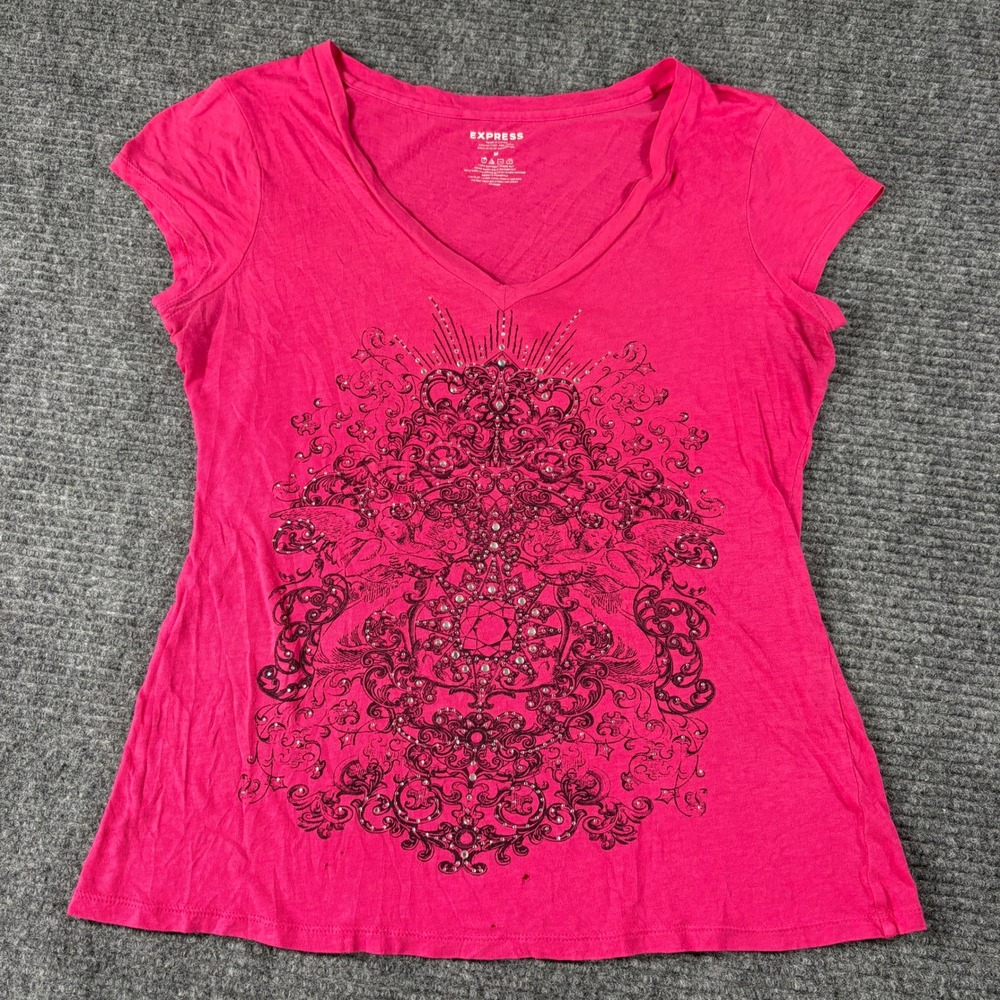 Express Womens Pink V-Neck Graphic Tee Rhinestone Embellished Y2K Size M